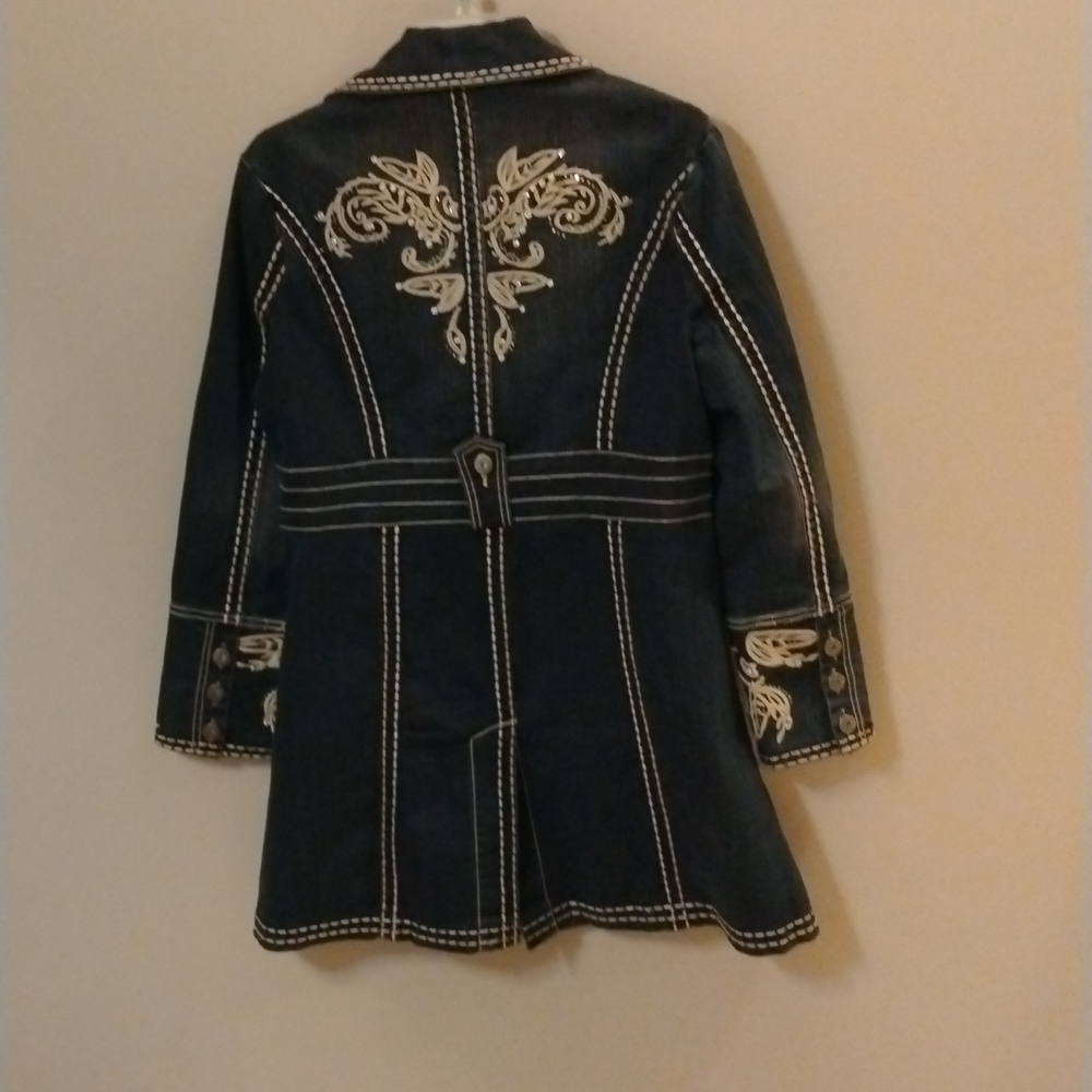 Zenim Denim knee length Denim Jacket with embroidery and rhinestones, size Med